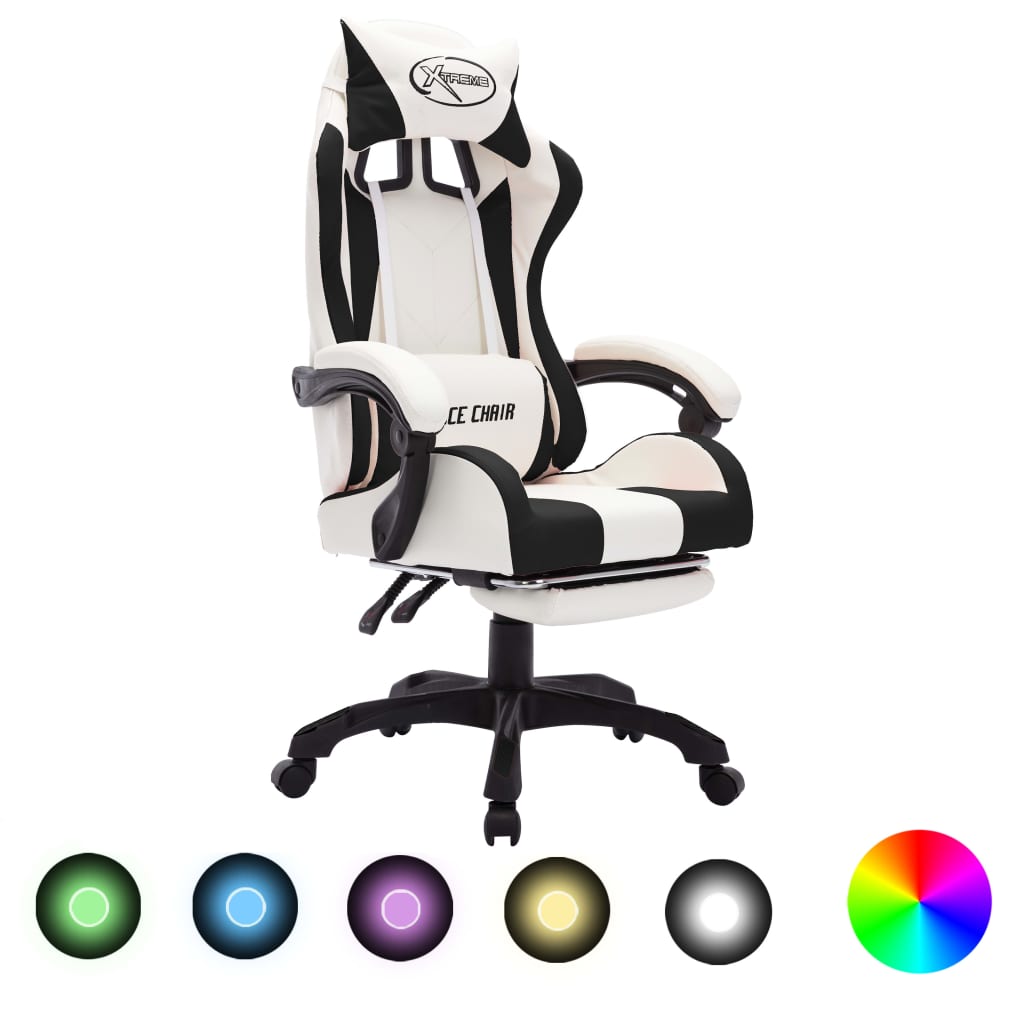 imagem de vidaXL Cadeira estilo corrida luzes LED RGB couro artif. preto/branco1