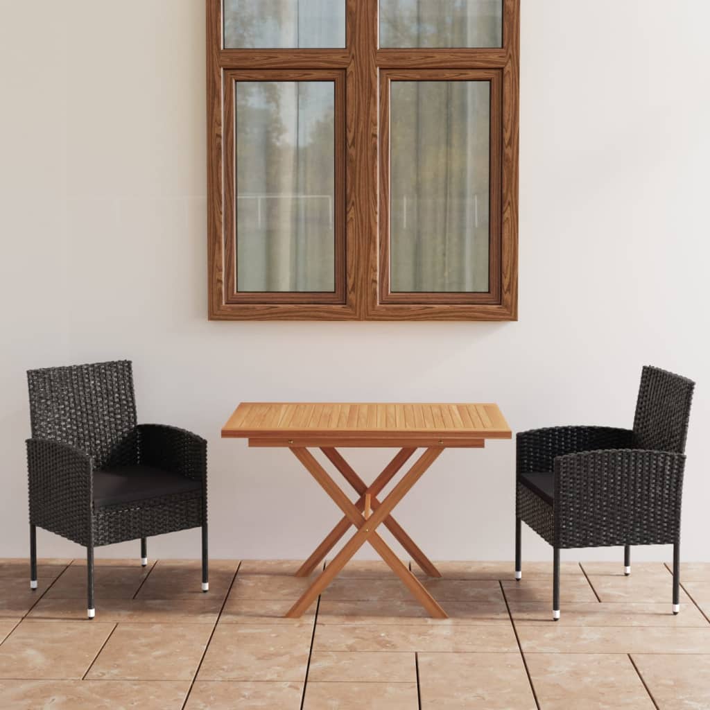 vida XL 3-tlg. Garten-Essgruppe Poly Rattan & Massivholz Akazie Schwarz