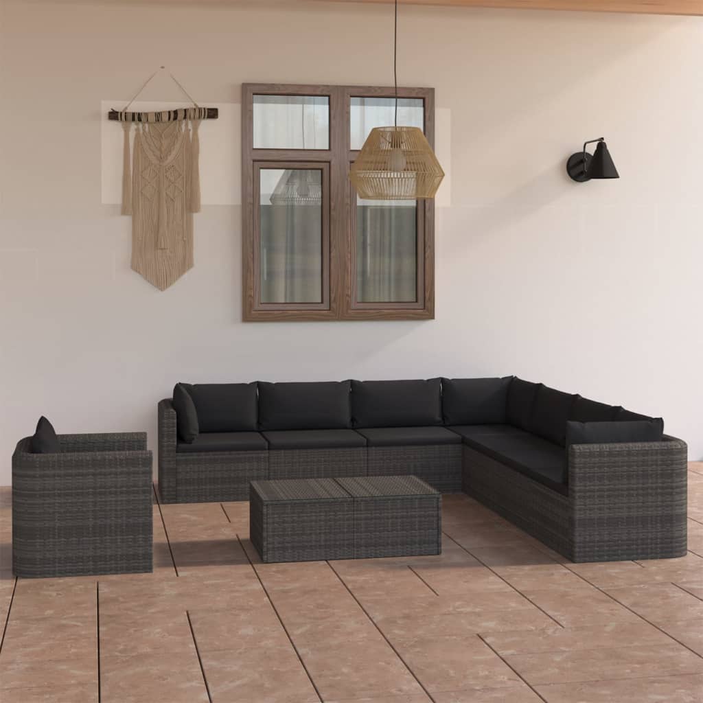 vidaXL 9-tlg. Garten-Lounge-Set mit Kissen Poly Rattan Grau