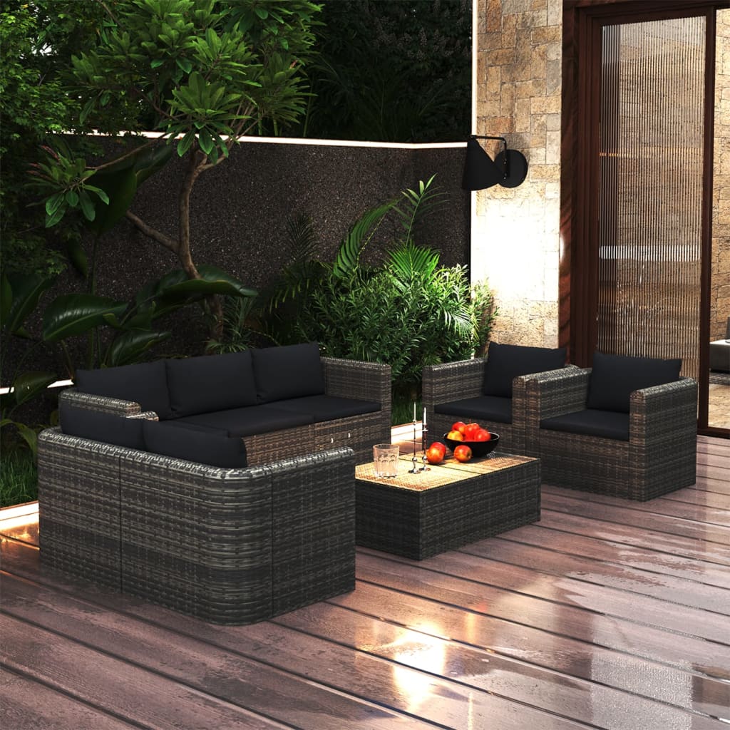 vidaXL 8-tlg. Garten-Lounge-Set mit Kissen Poly Rattan Grau