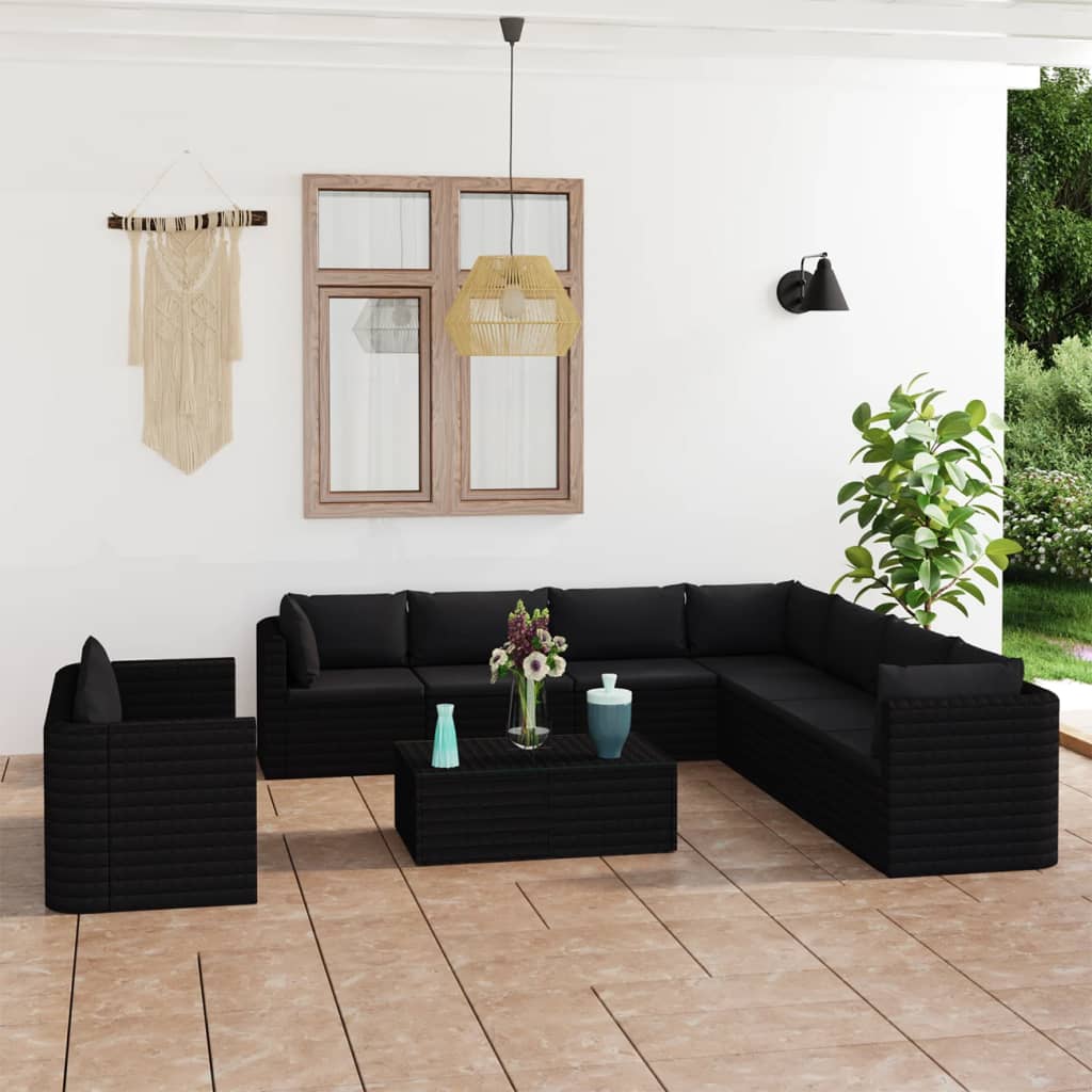 Set mobilier de grădină cu perne, 11 piese, negru, poliratan