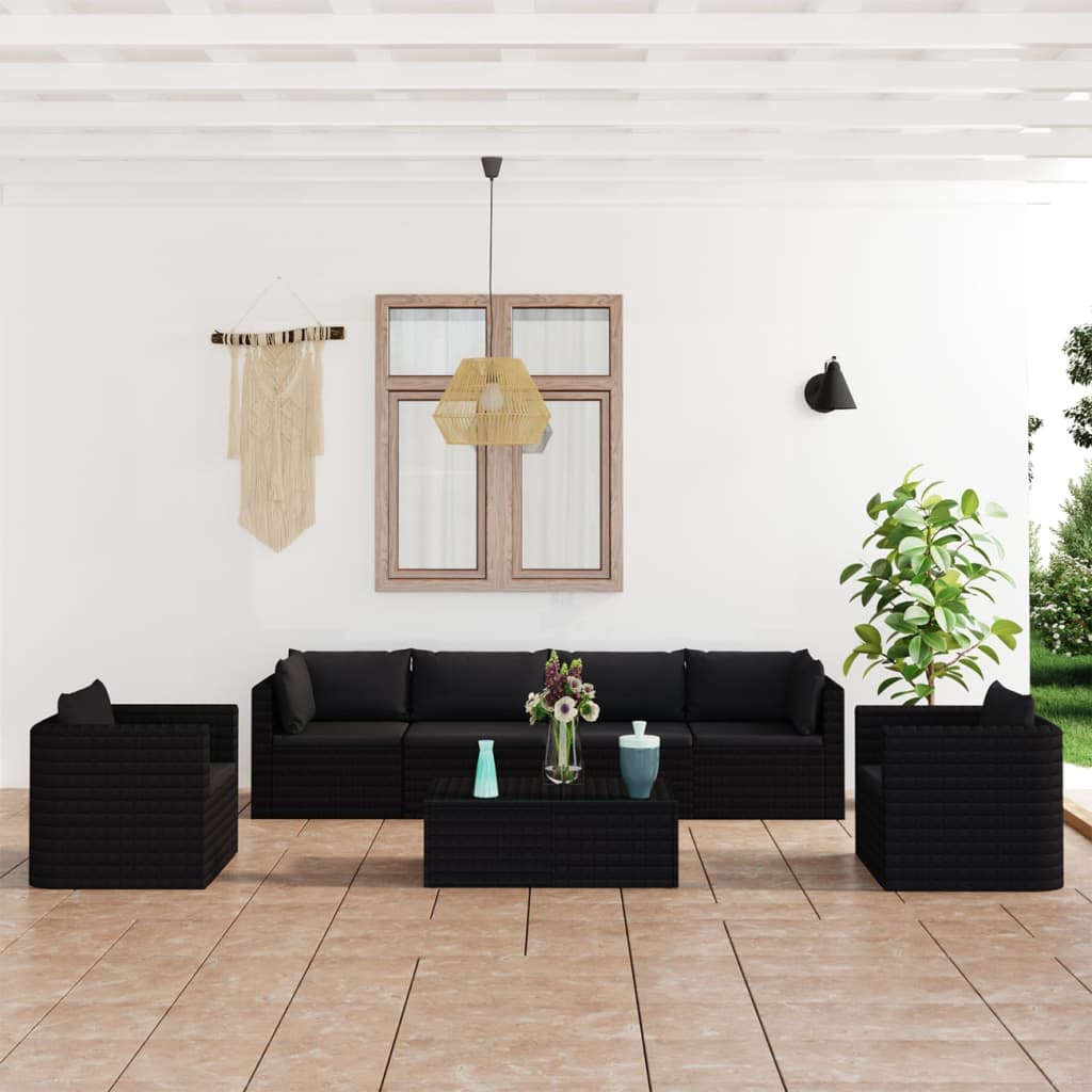 vidaXL 7-tlg. Garten-Lounge-Set mit Kissen Poly Rattan Schwarz