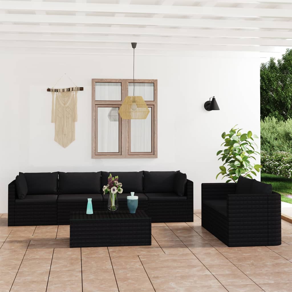 vidaXL Set mobilier de grădină cu perne, 7 piese, negru, poliratan