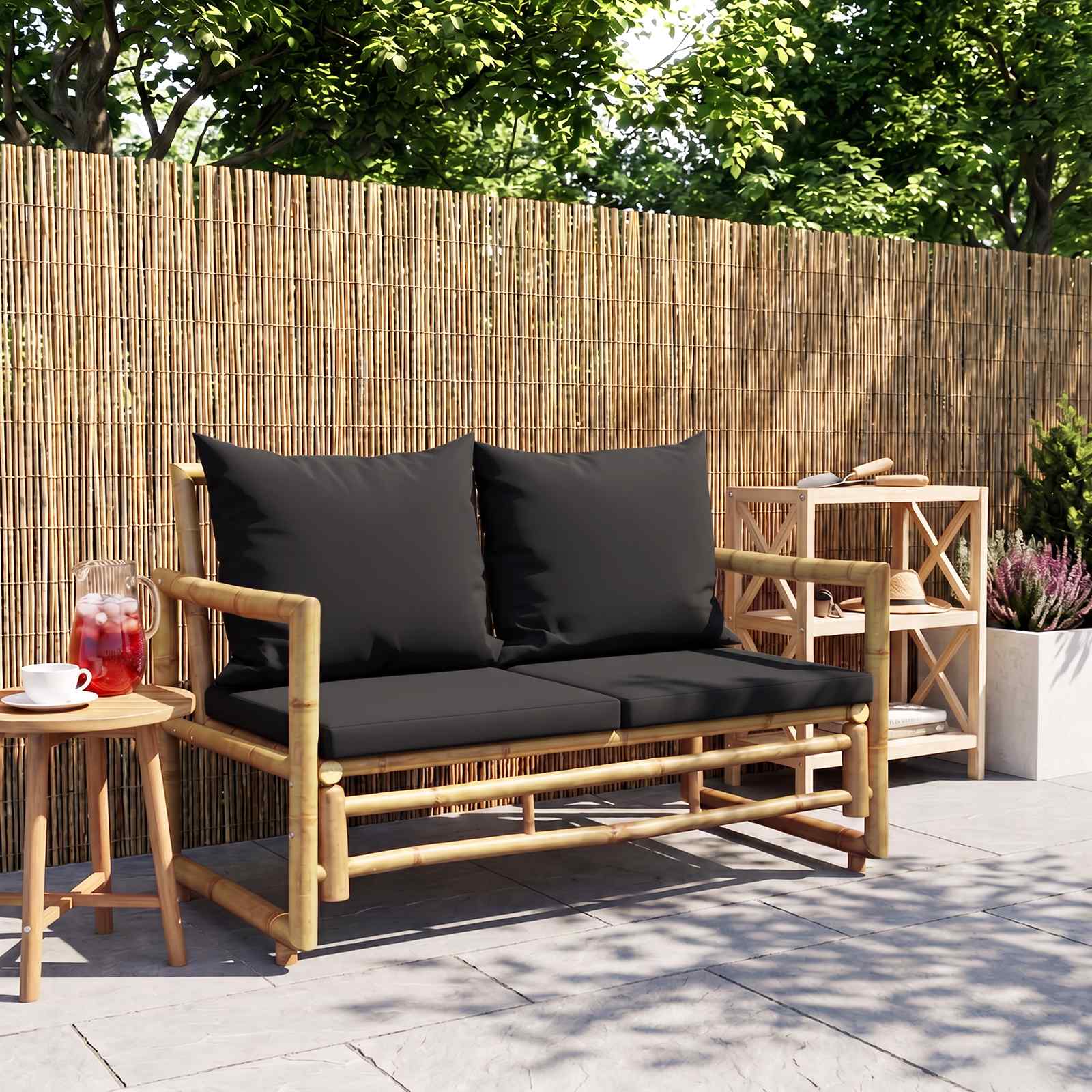 vidaXL Tr&auml;dg&aring;rdsb&auml;nk med dynor 115 cm bambu