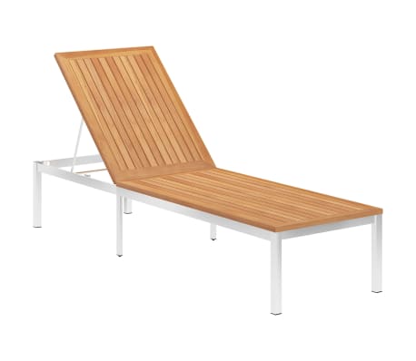 vidaXL Sun Lounger with Cushion Solid Teak Wood and Stainless Steel