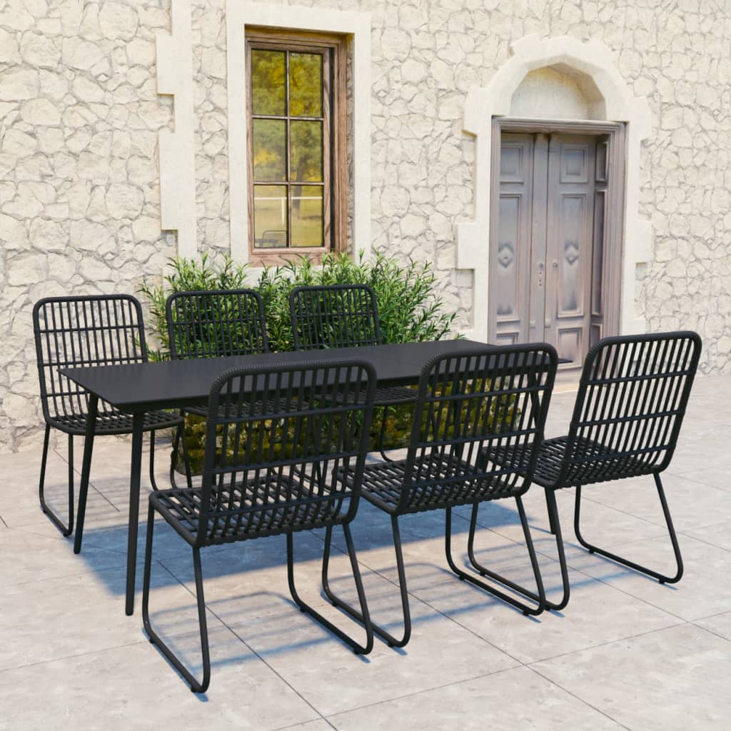 Vidaxl Set Mobilier De Exterior, 7 Piese, Negru, Poliratan Si Sticla