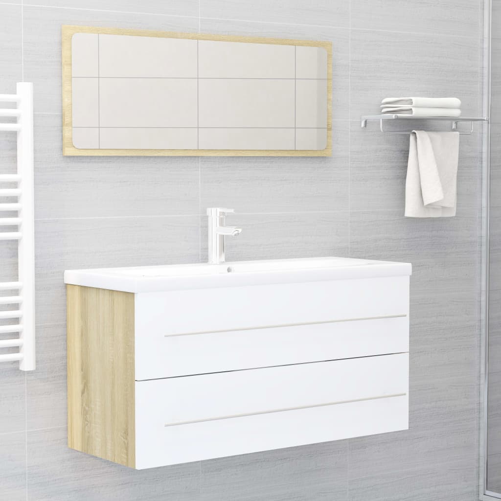vidaXL badeværelsesmøbelsæt 2 dele spånplade hvid og sonoma-eg