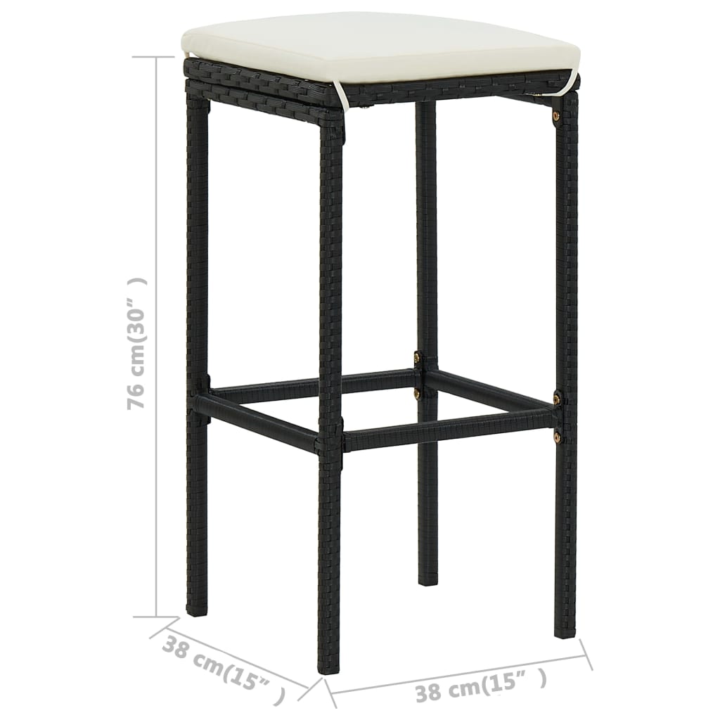 Set mobilier bar de grădină cu perne, 3 piese, negru, poliratan