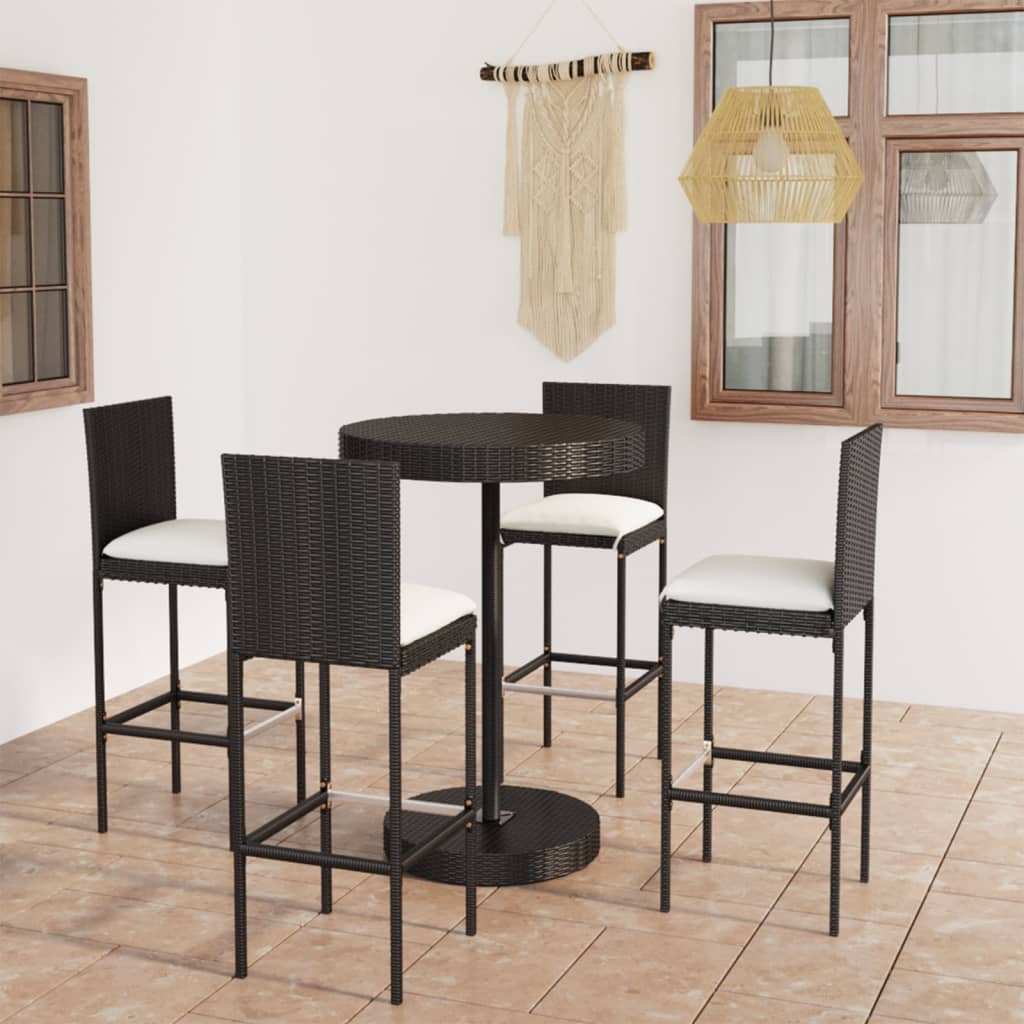 vida XL 5-tlg. Gartenbar-Set mit Kissen Poly Rattan Schwarz