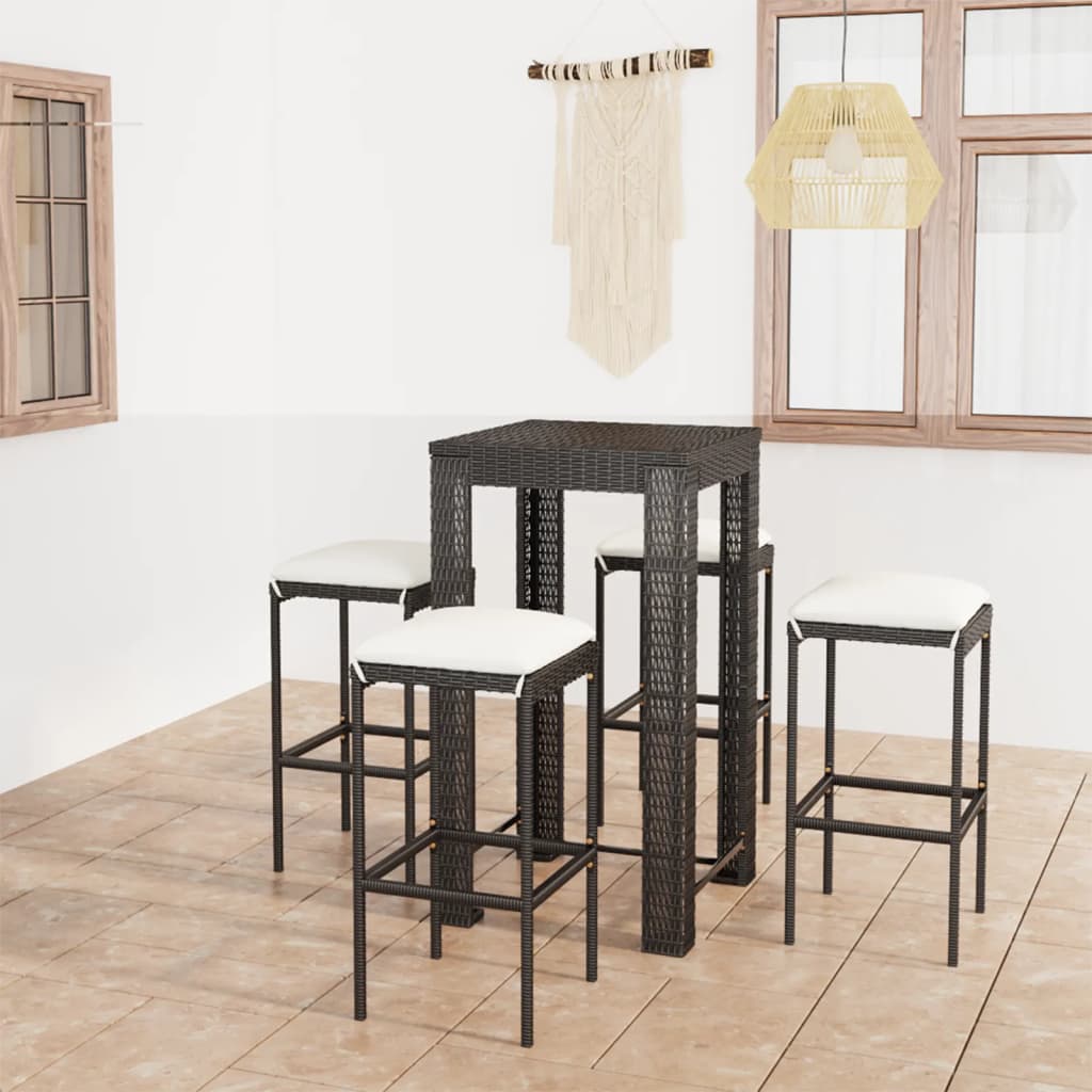 vidaXL Set mobilier bar de grădină cu perne, 5 piese, negru, poliratan