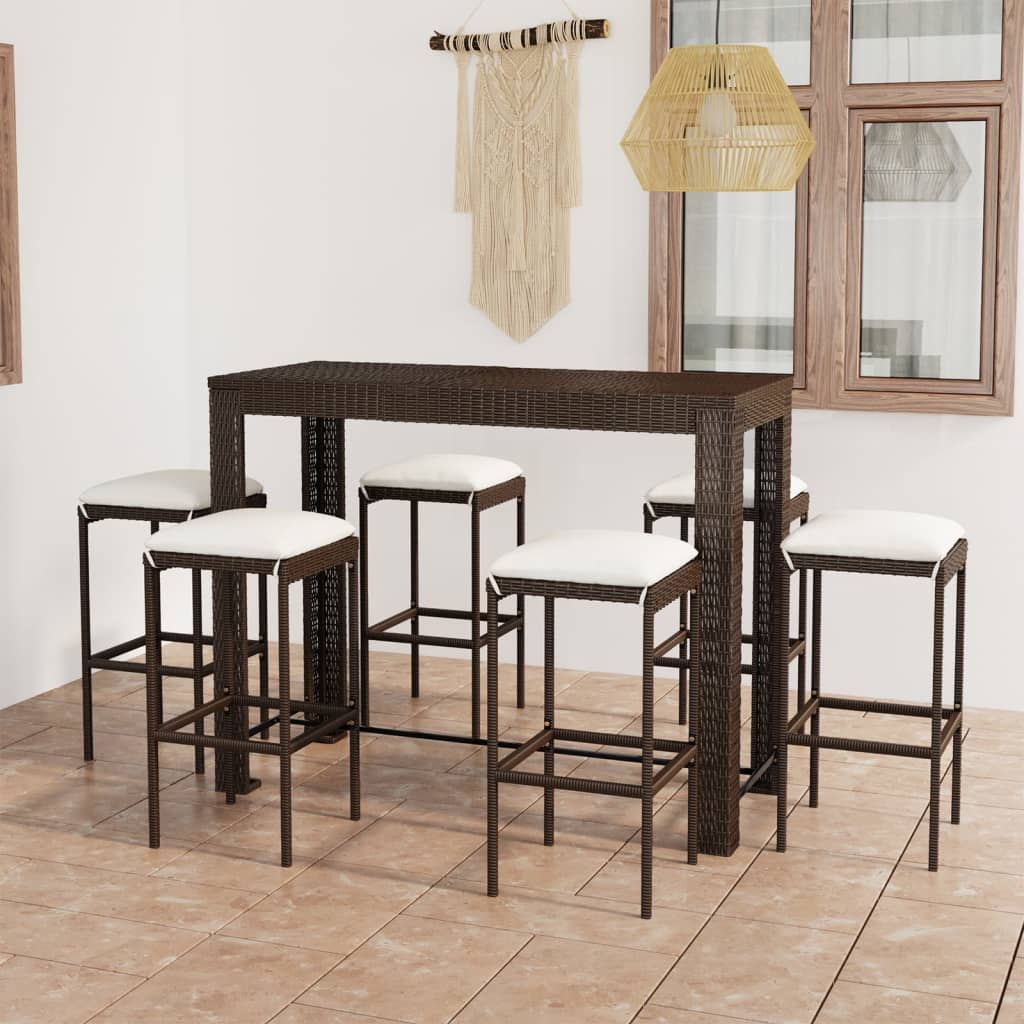 Set mobilier bar de grădină cu perne, 7 piese, maro, poliratan