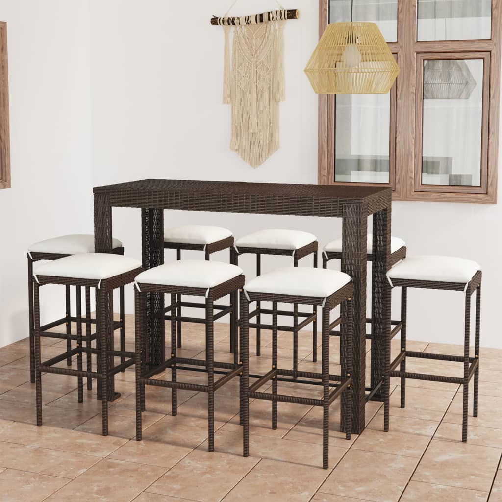 vidaXL Set mobilier bar de grădină cu perne, 9 piese, maro, poliratan vidaXL