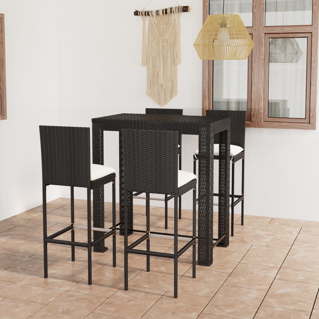 vidaXL 5-tlg. Gartenbar-Set mit Kissen Poly Rattan Schwarz