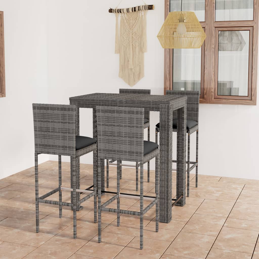 vidaXL 5-tlg. Gartenbar-Set mit Kissen Poly Rattan Grau