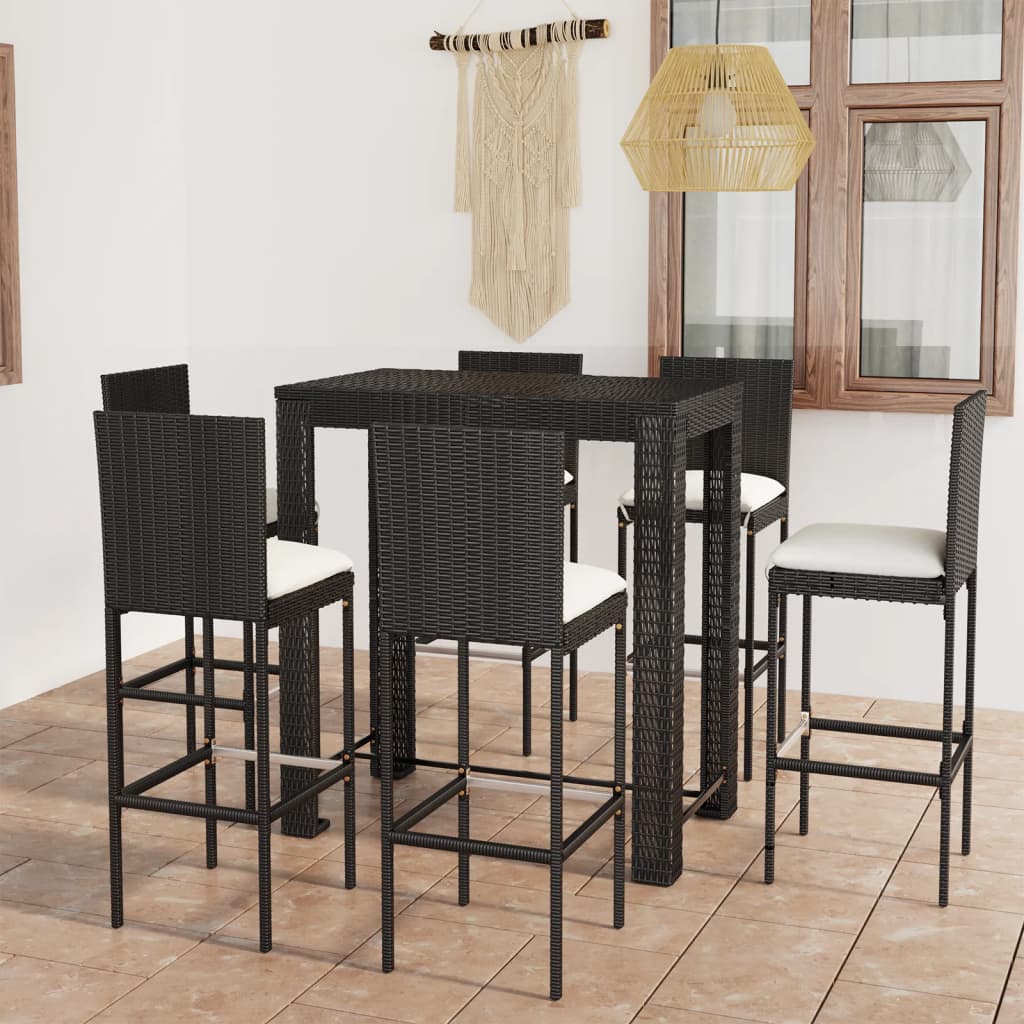 Vidaxl Set Mobilier Bar De Exterior Cu Perne, 7 Piese, Negru Poliratan