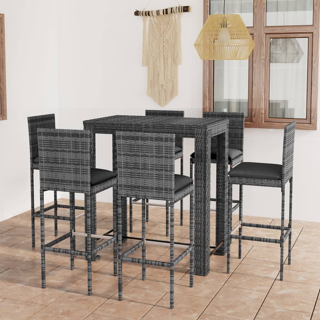 vidaXL 7-tlg. Gartenbar-Set mit Kissen Poly Rattan Grau