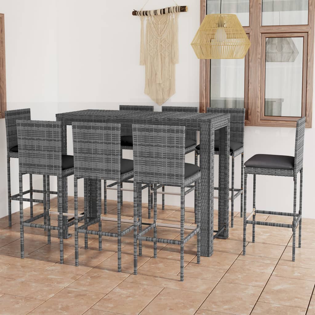 vidaXL 9-tlg. Garten-Bar-Set mit Anthrazit Kissen Poly Rattan