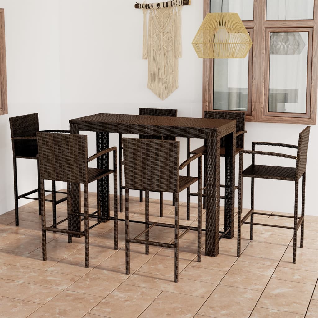 vidaXL 7-tlg. Garten-Bar-Set mit Armlehnen Poly Rattan Braun