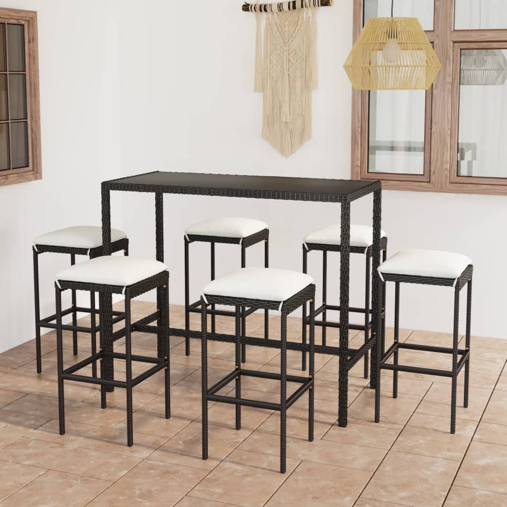 vidaXL Set mobilier bar de grădină cu perne, 7 piese, negru, poliratan