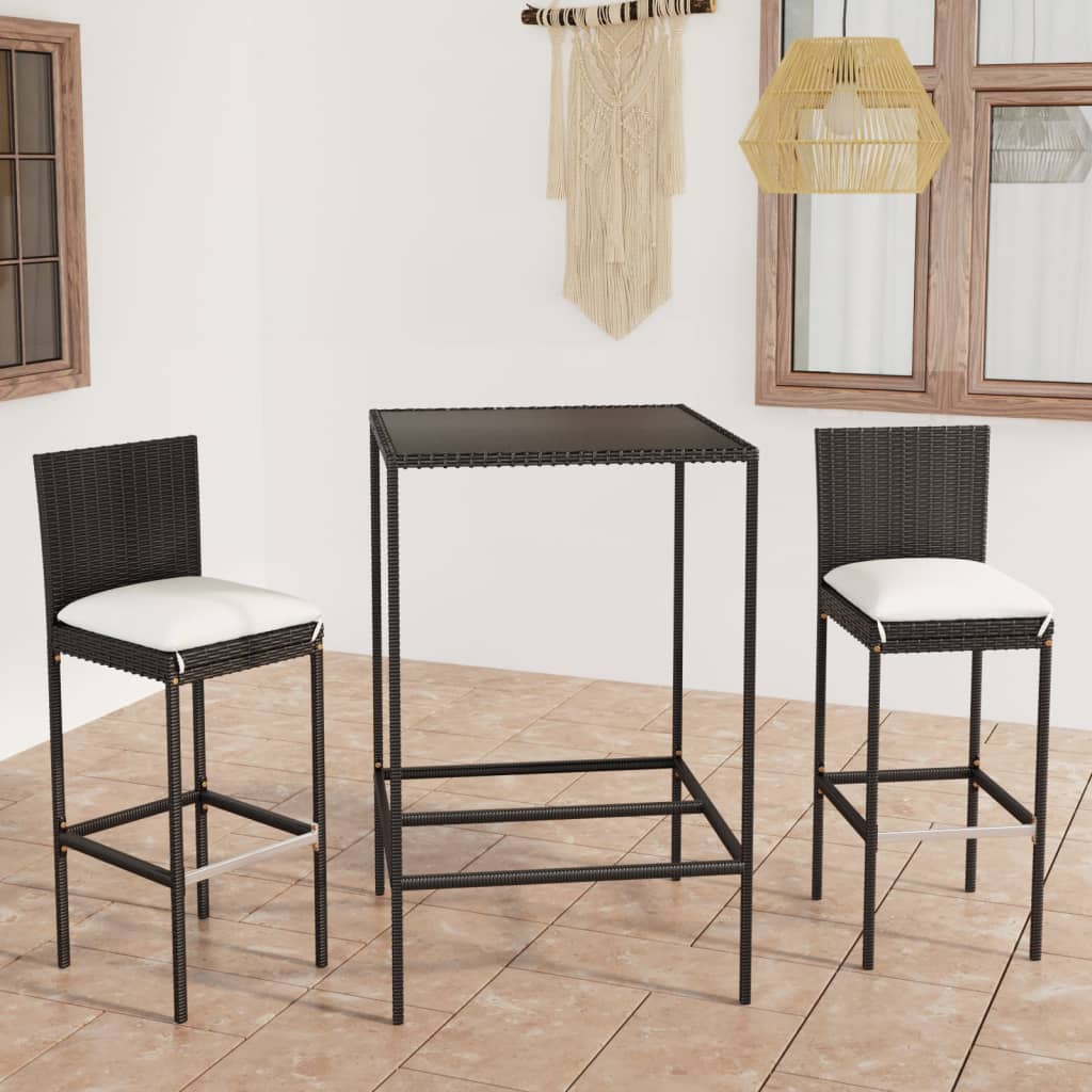 vida XL 3-tlg. Gartenbar-Set mit Kissen Poly Rattan Schwarz