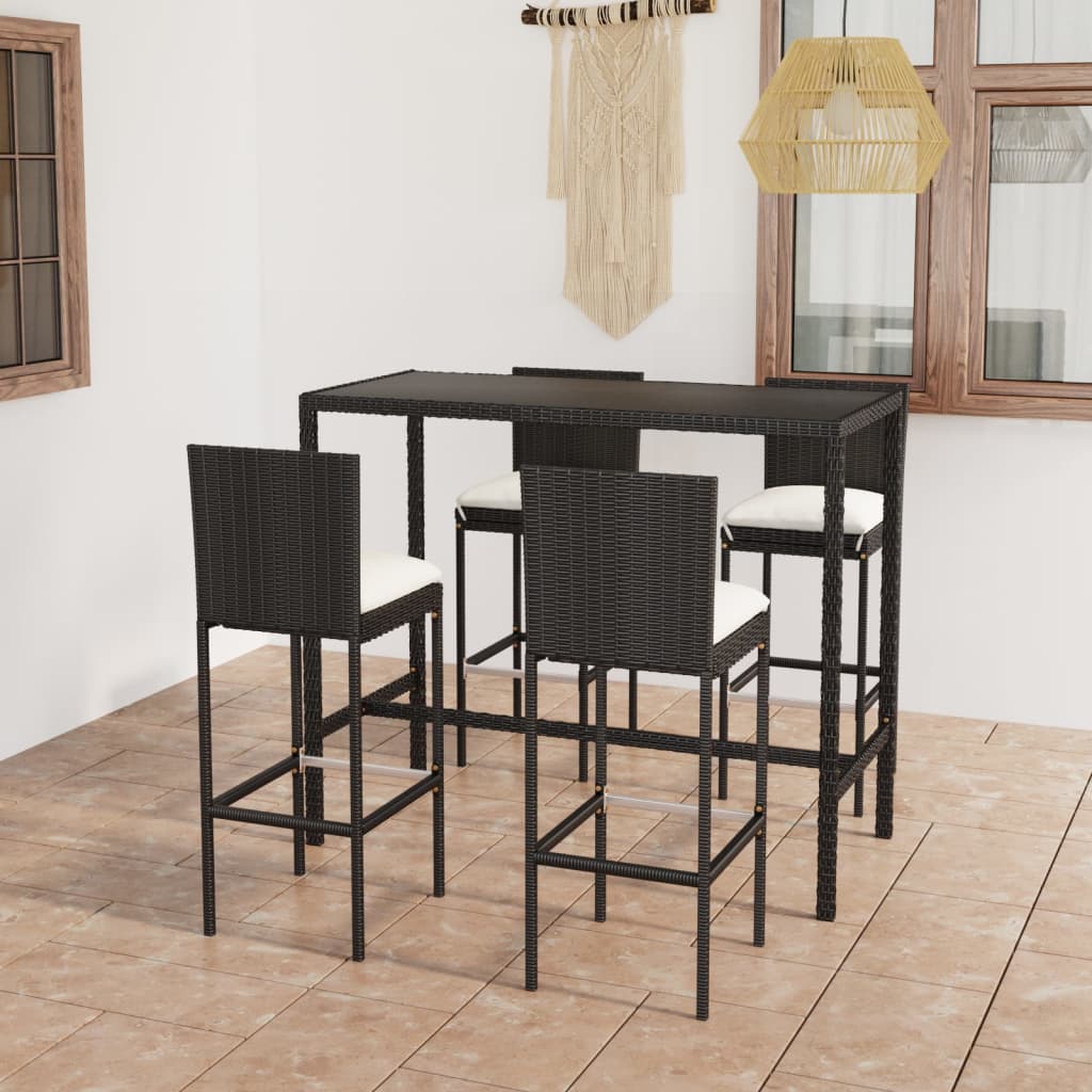 vidaXL 5-tlg. Gartenbar-Set mit Kissen Poly Rattan Schwarz