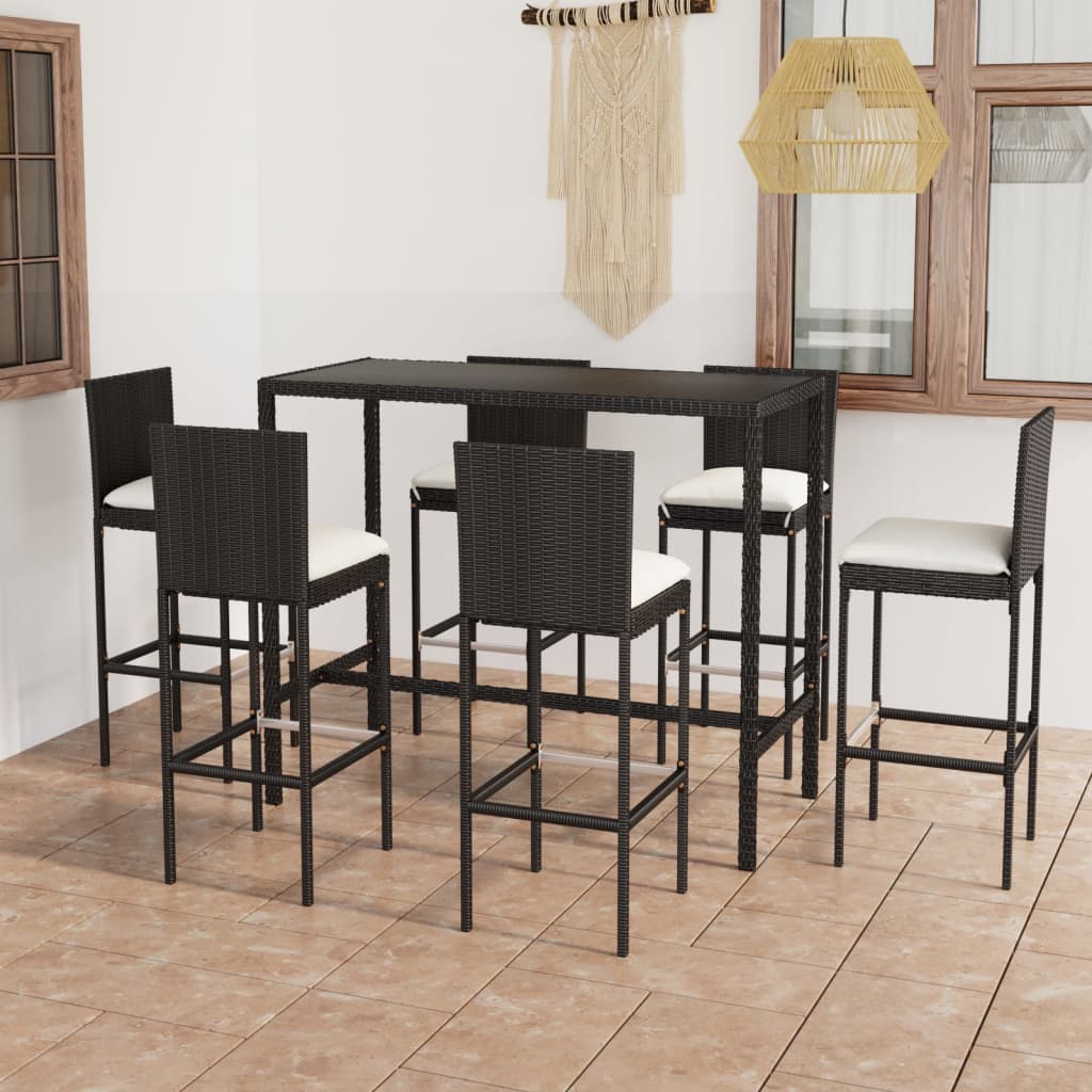 Vidaxl Set Mobilier Bar De Gradina Cu Perne, 7 Piese, Negru, Poliratan