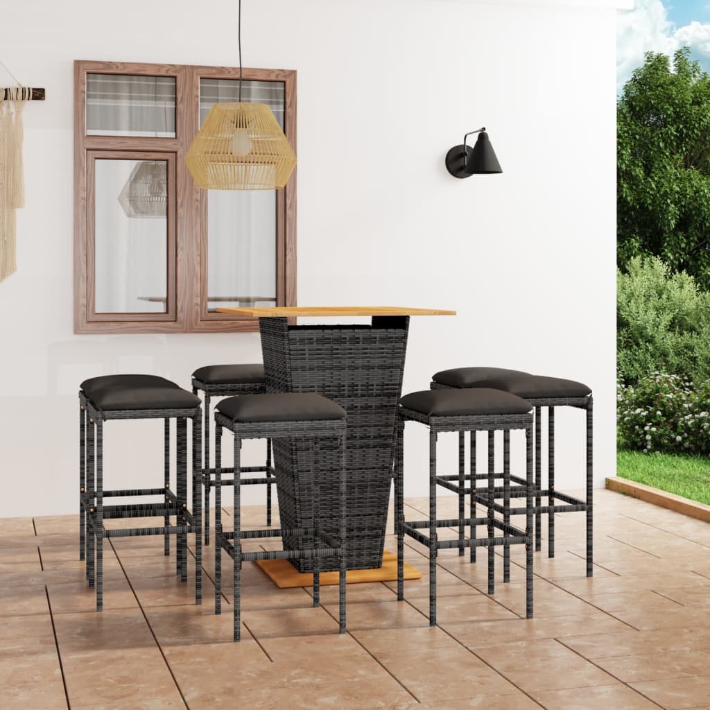 vidaXL 9-tlg. Gartenbar-Set mit Kissen Poly Rattan Grau