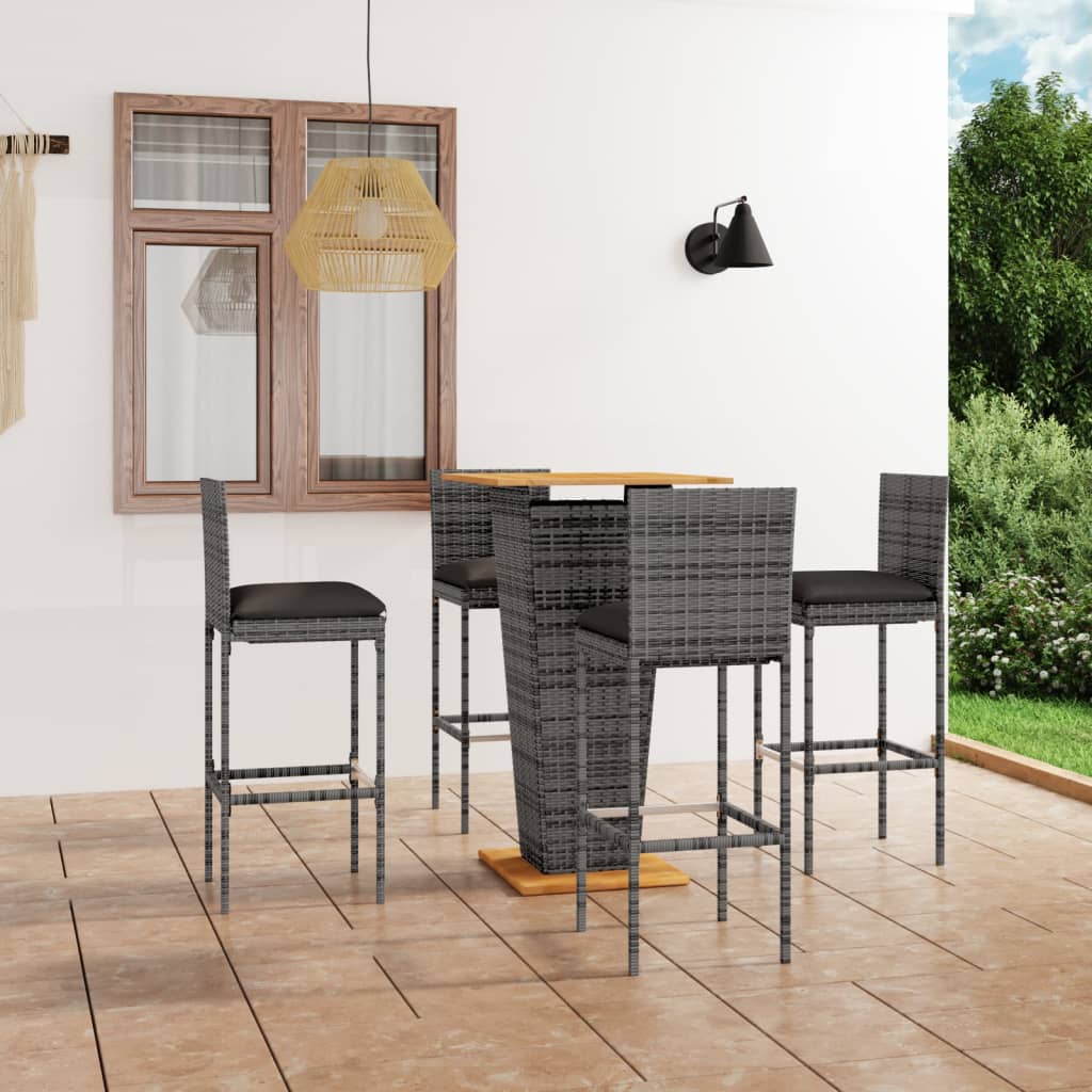 vidaXL 5-tlg. Gartenbar-Set mit Kissen Poly Rattan Grau