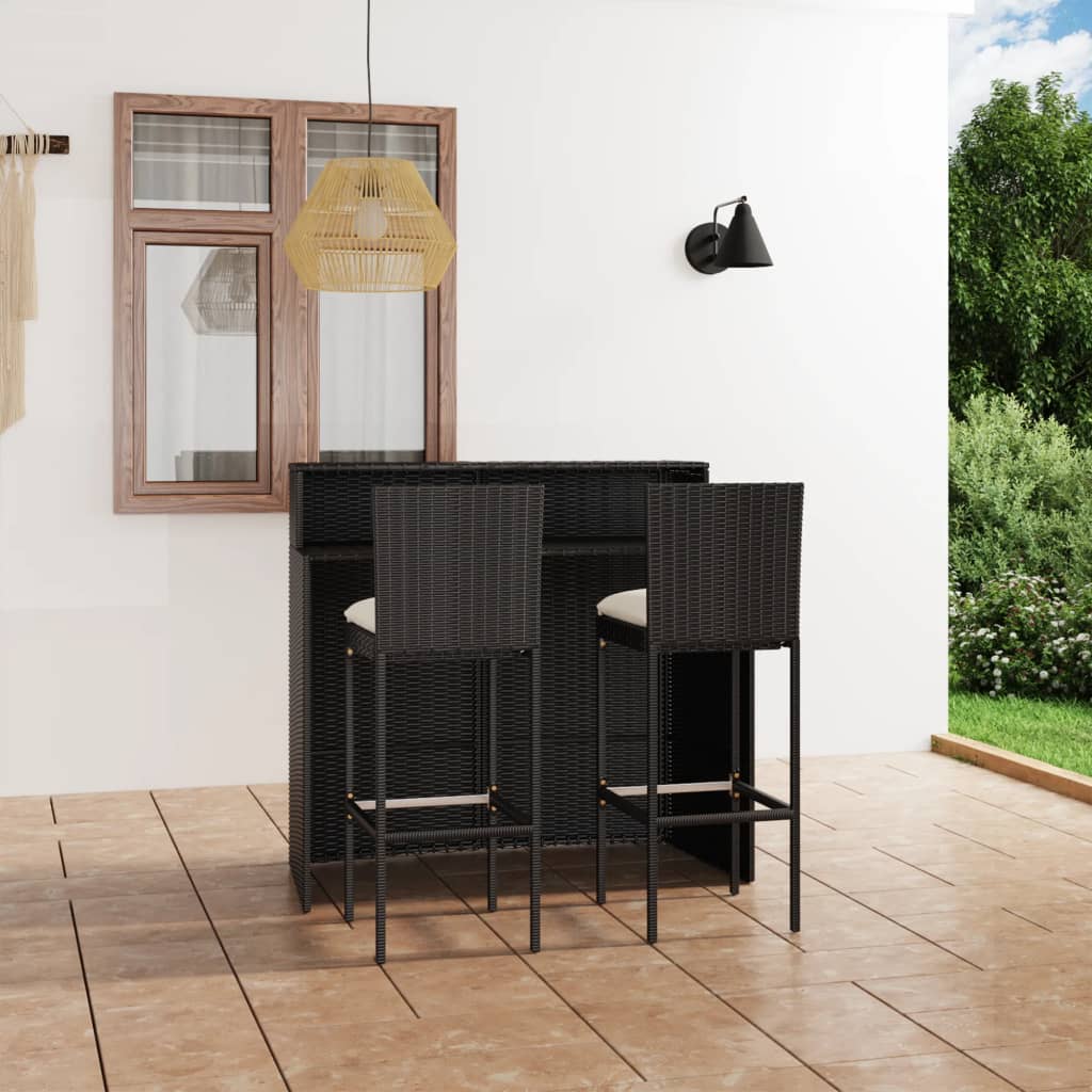 Set mobilier bar de grădină cu perne, 3 piese, negru