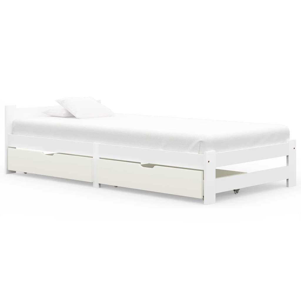 vidaXL Cadru de pat cu 2 sertare, alb, 90×200 cm, lemn masiv pin