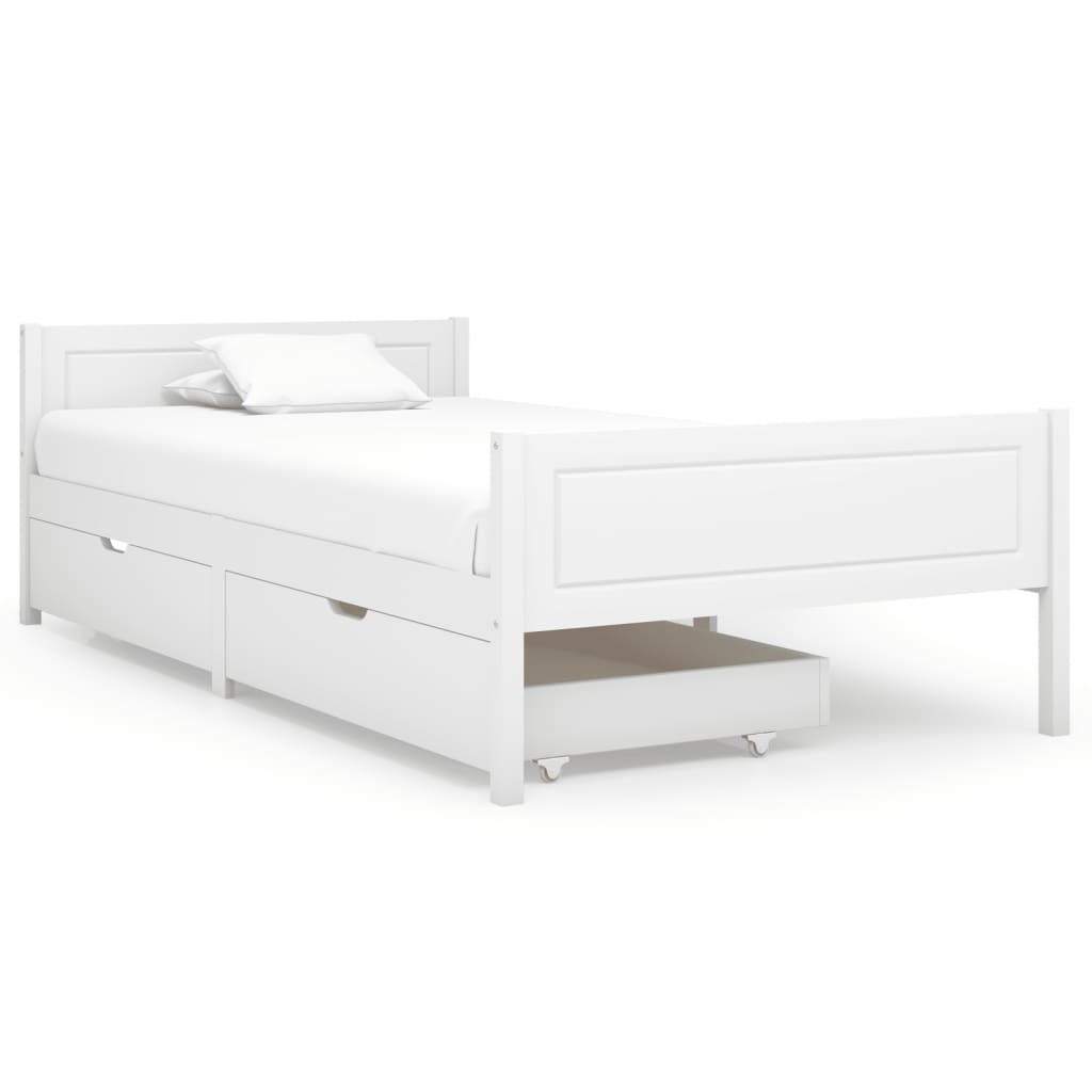 Рамка за легло с 2 чекмеджета, бяла, бор масив, 100x200 см