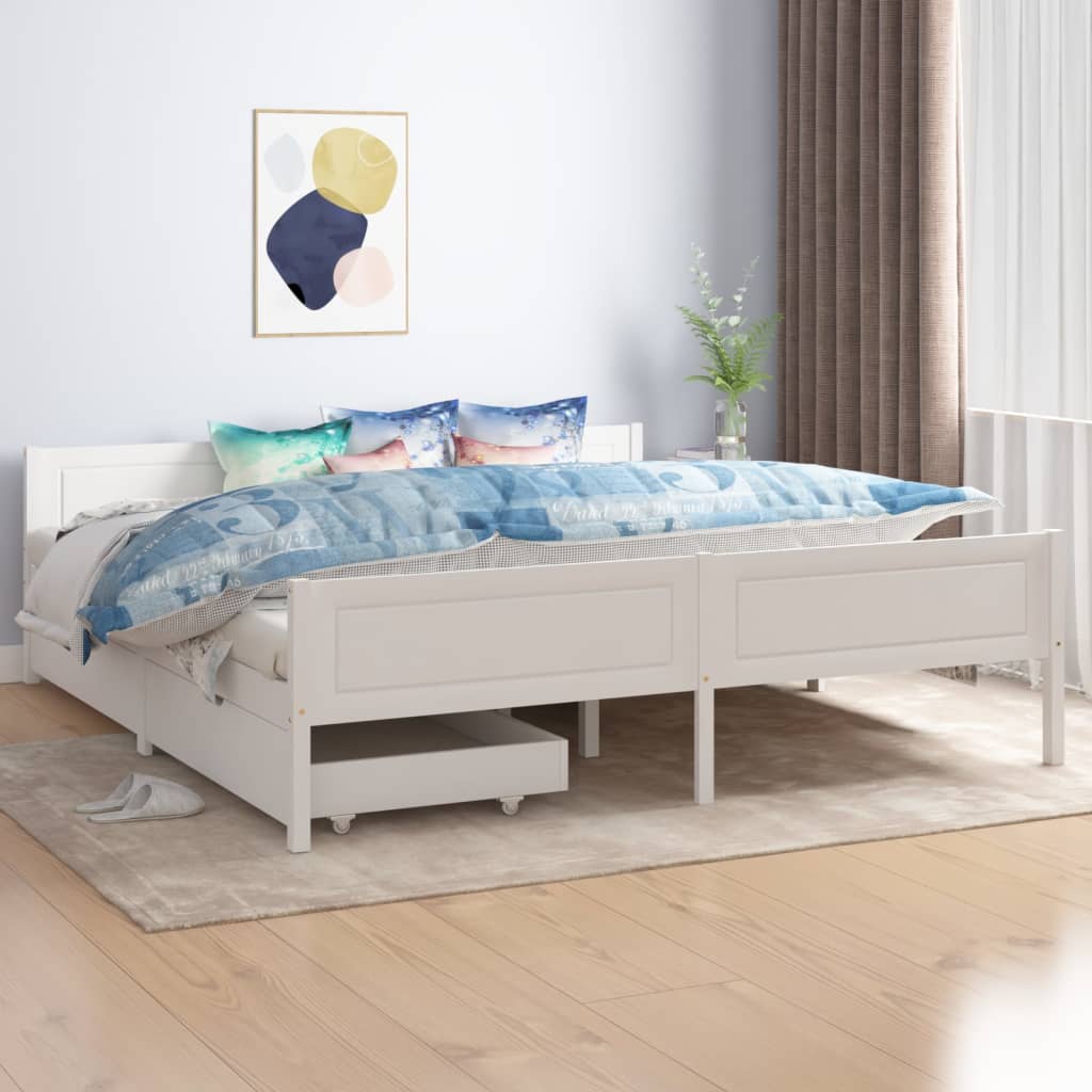 vidaXL Estrutura de cama com 2 gavetas 180x200 cm pinho maciço branco