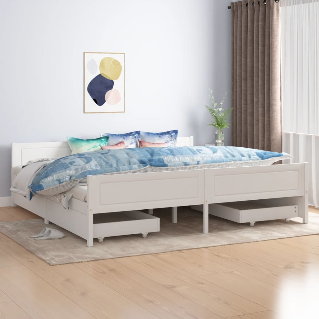 vidaXL Cadru de pat cu 4 sertare, alb, 200×200 cm, lemn masiv de pin