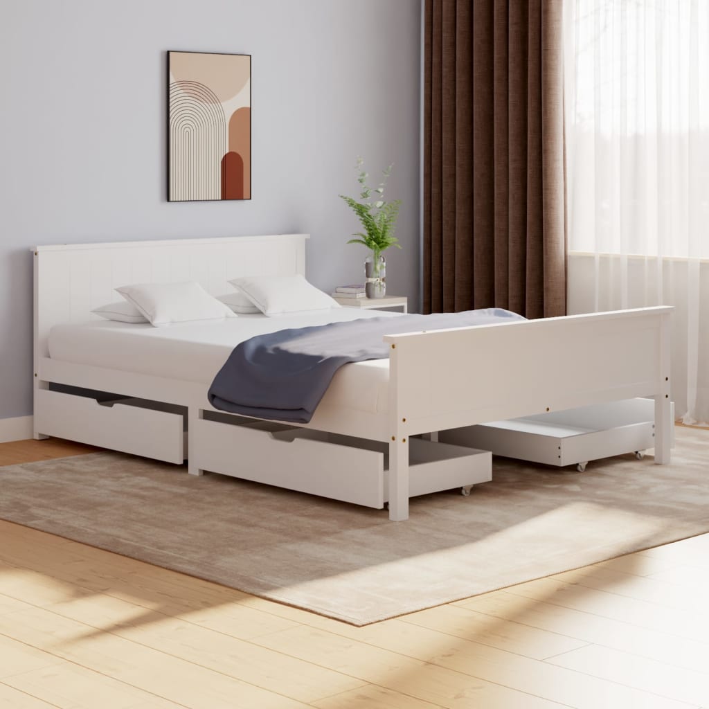 vidaXL Estrutura de cama com 4 gavetas 140x200 cm pinho maciço branco