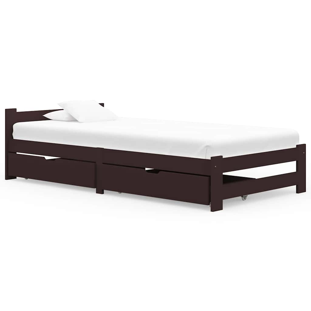 Dark brown solid pinewood bed frame with storage drawers, front view on a white background.