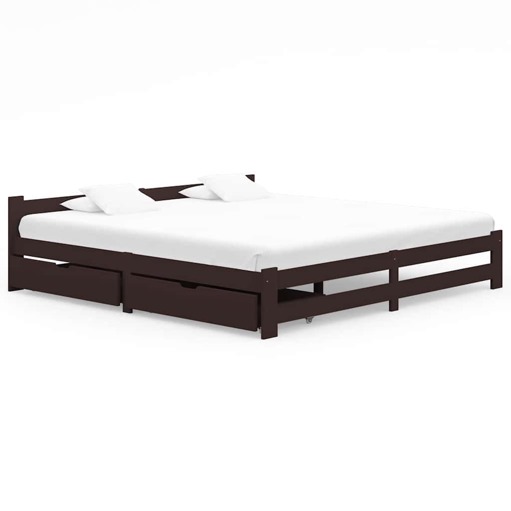 Dark brown solid pinewood bed frame with storage drawers, front view on a white background.