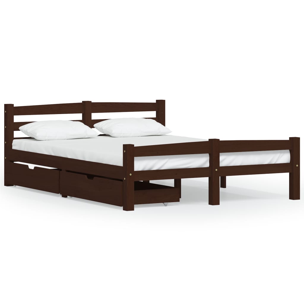 vidaXL Cadru pat cu 2 sertare, maro închis, 140×200 cm, lemn masiv pin vidaXL imagine 2022