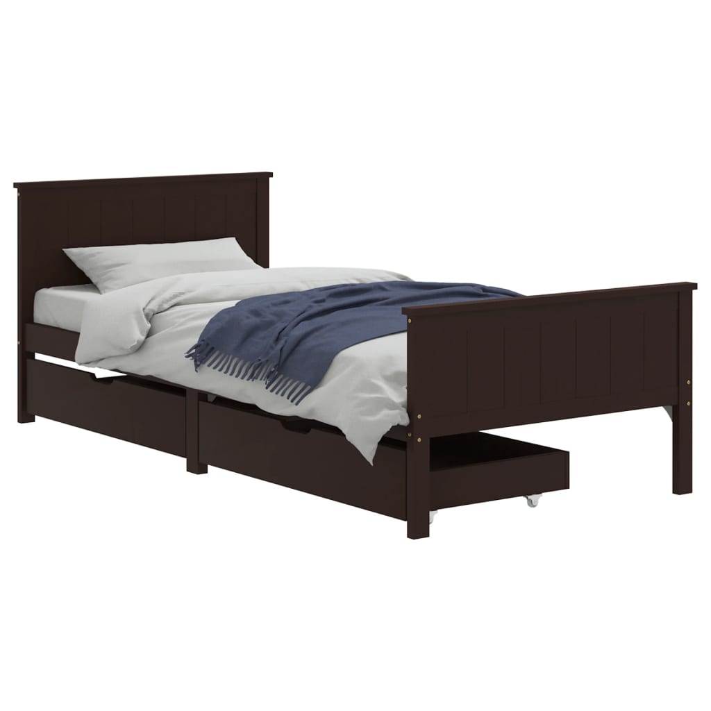 vidaXL Estructura de cama 2 cajones madera pino marrón oscuro 90x200cm