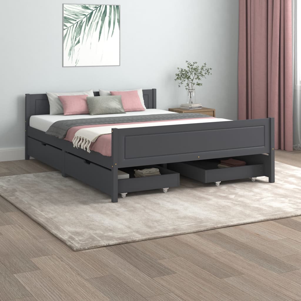 vidaXL Cadru pat cu 4 sertare, gri închis, 160×200 cm, lemn masiv pin vidaXL