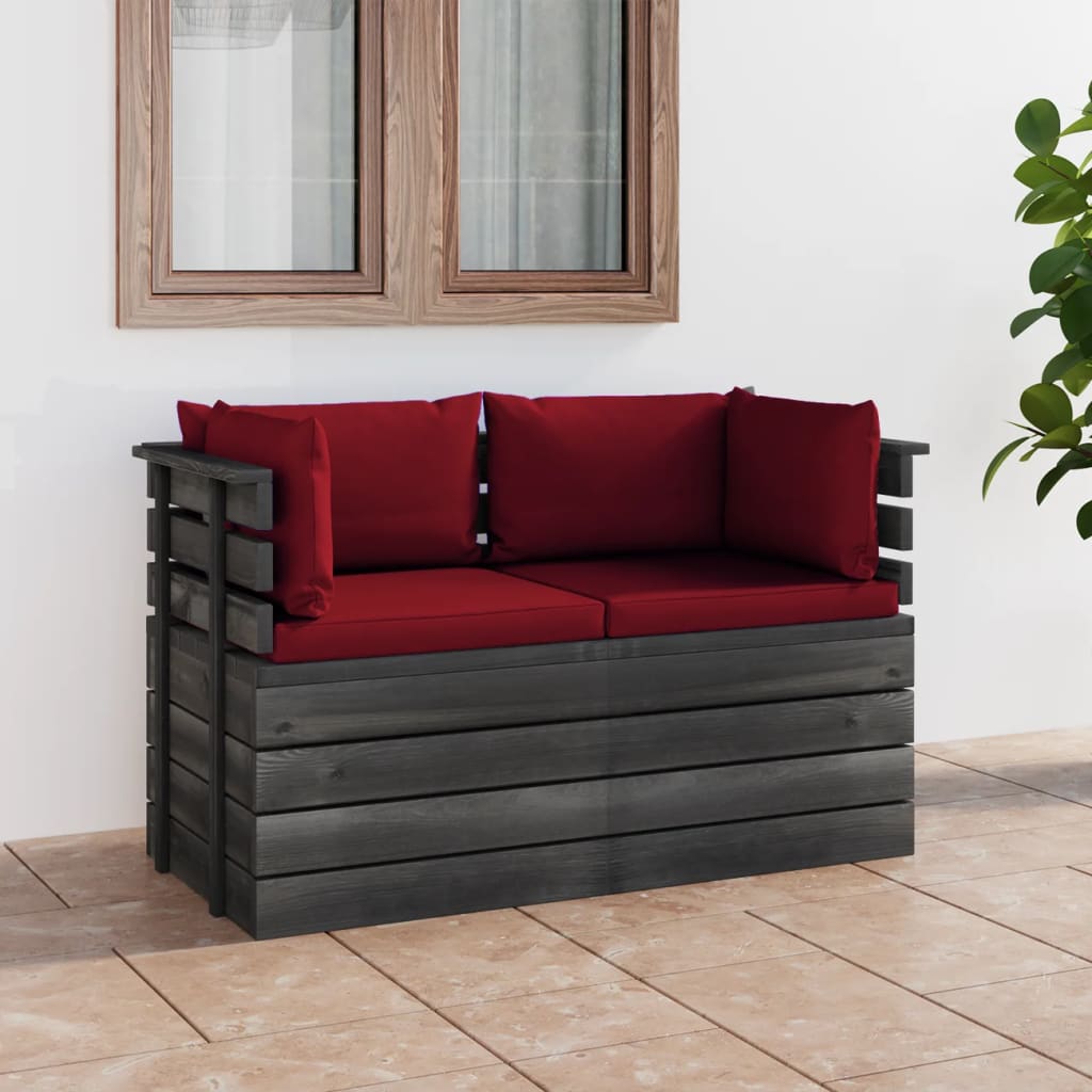 Modna sofa ogrodowa 2-osobowa z paletami, poduszki, drewno sosnowe, winna czerwień, 65x65x71.5 cm