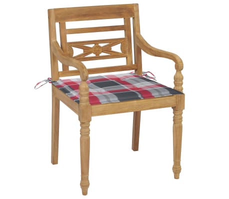 vidaXL Batavia Chairs 2 pcs Red Check Pattern Cushions Solid Teak Wood