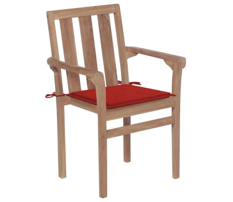 vidaXL Градински столове, 2 бр, червени възглавници, тик масив