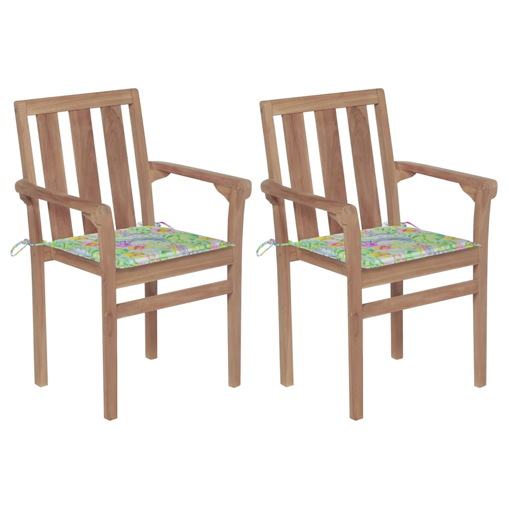 Záhradné stoličky 2 ks+podložky, vzor s listami, tíkový masív