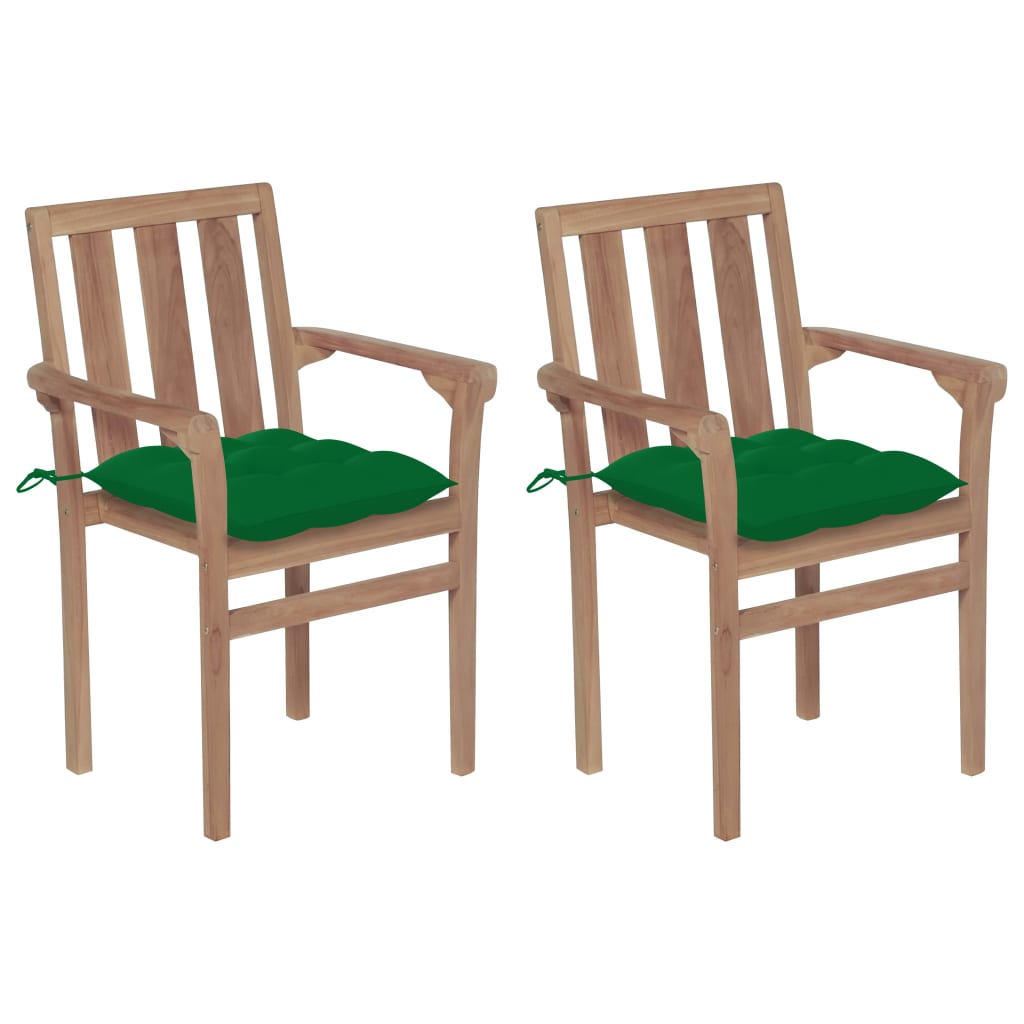 Image of vidaXL Garden Chairs 2 pcs with Green Cushions Solid Teak Wood