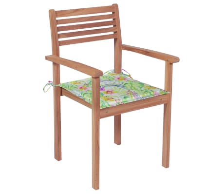 vidaXL Krzesła ogrodowe, 2 szt., z poduszkami w liście, drewno tekowe