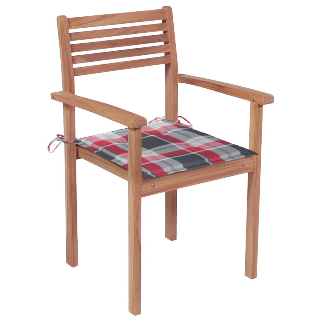 

vidaXL Tuinstoelen 2 st met rood geruite kussens massief teakhout