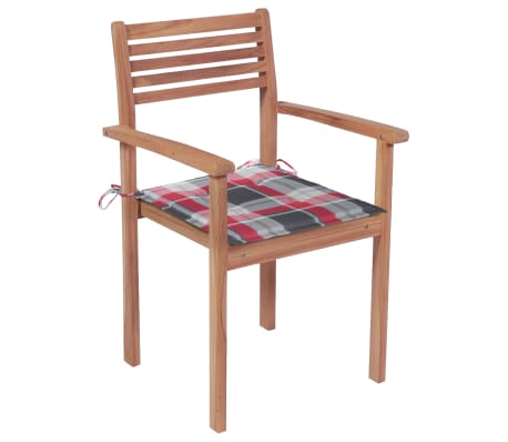 vidaXL Záhradné stoličky 2 ks červené kockové podložky teakový masív