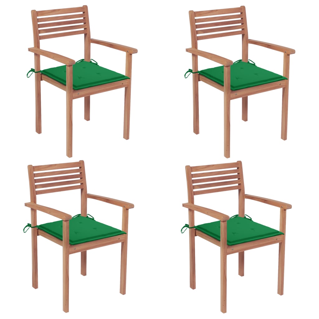 Image of vidaXL Garden Chairs 4 pcs with Green Cushions Solid Teak Wood