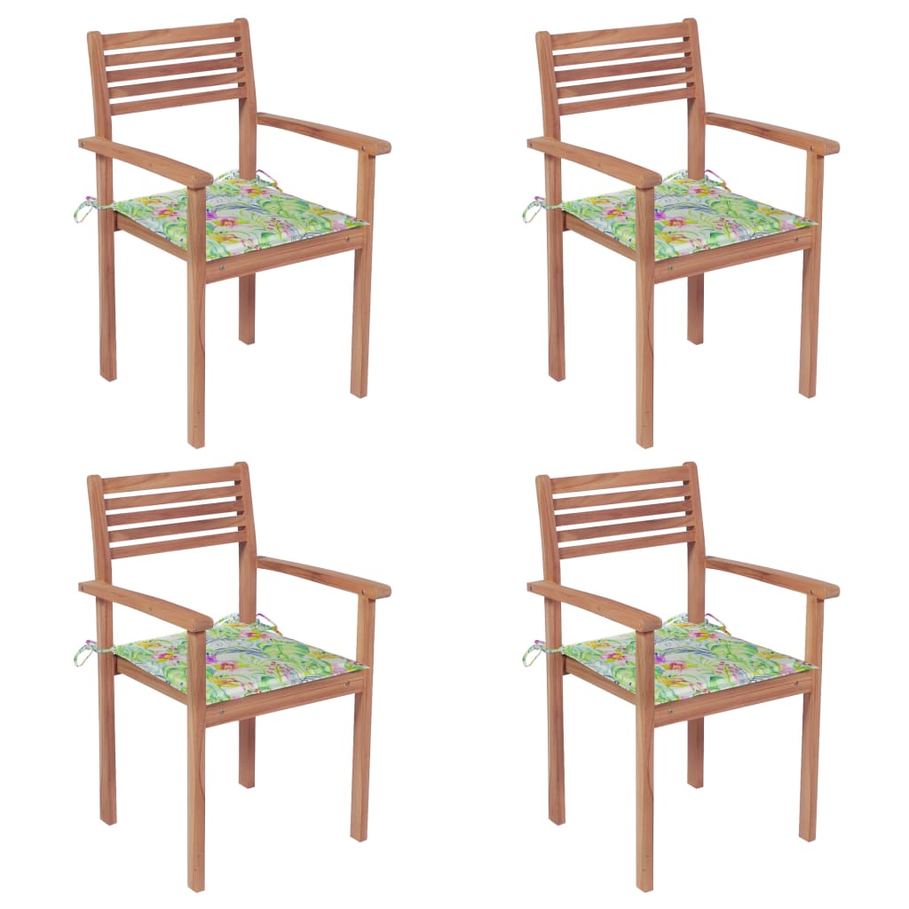 Zahradní židle 4 ks podušky se vzorem listů masivní teak