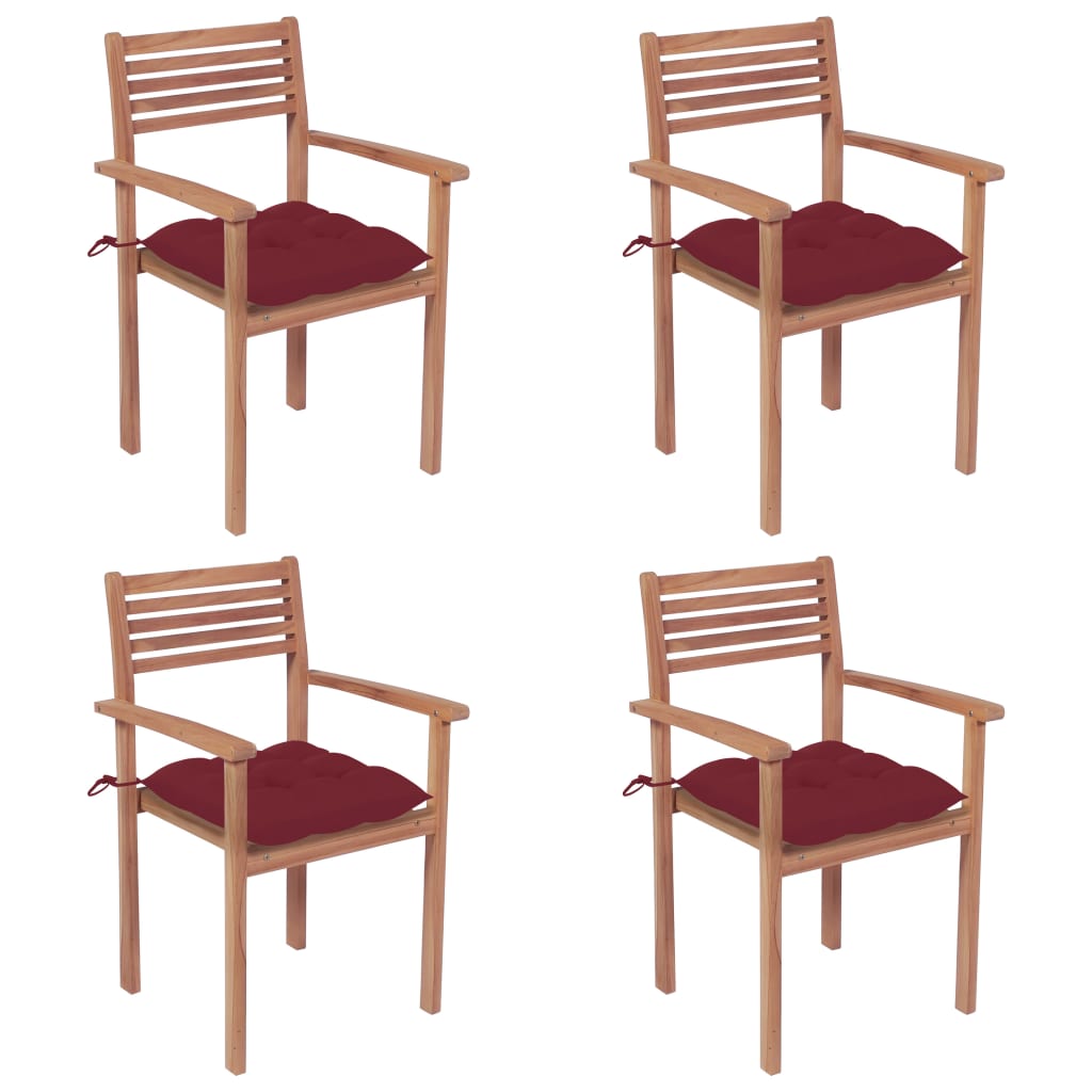 Image of vidaXL Garden Chairs 4 pcs with Wine Red Cushions Solid Teak Wood